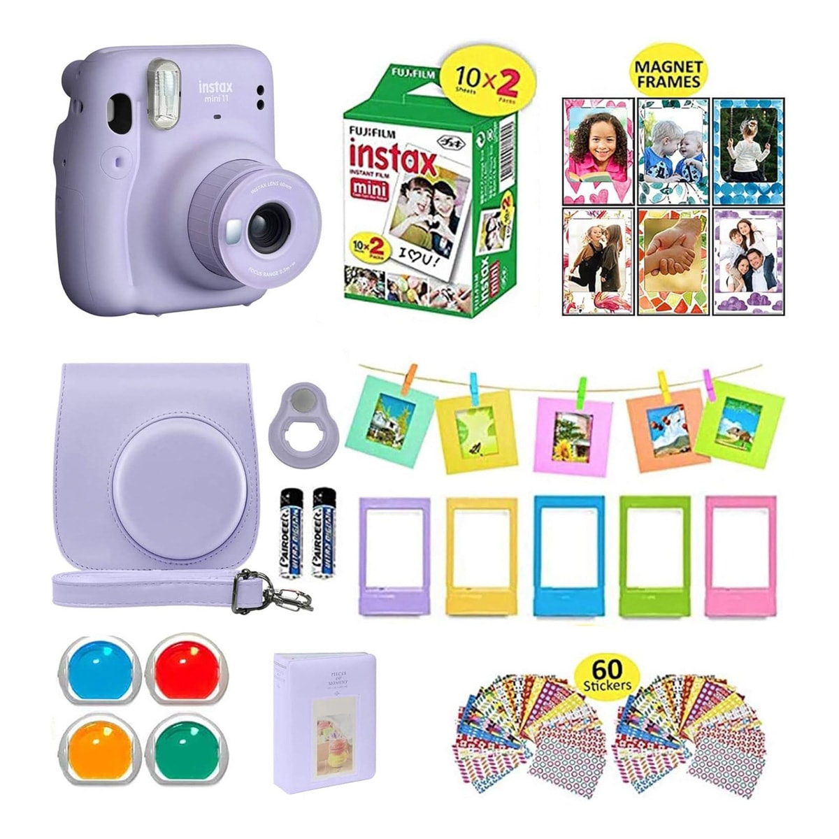 Fujifilm Instax Mini 11 camera with case and accessories.