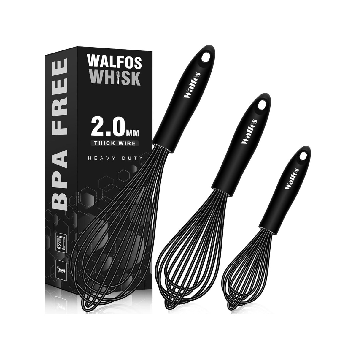 Set of three silicone whisks.