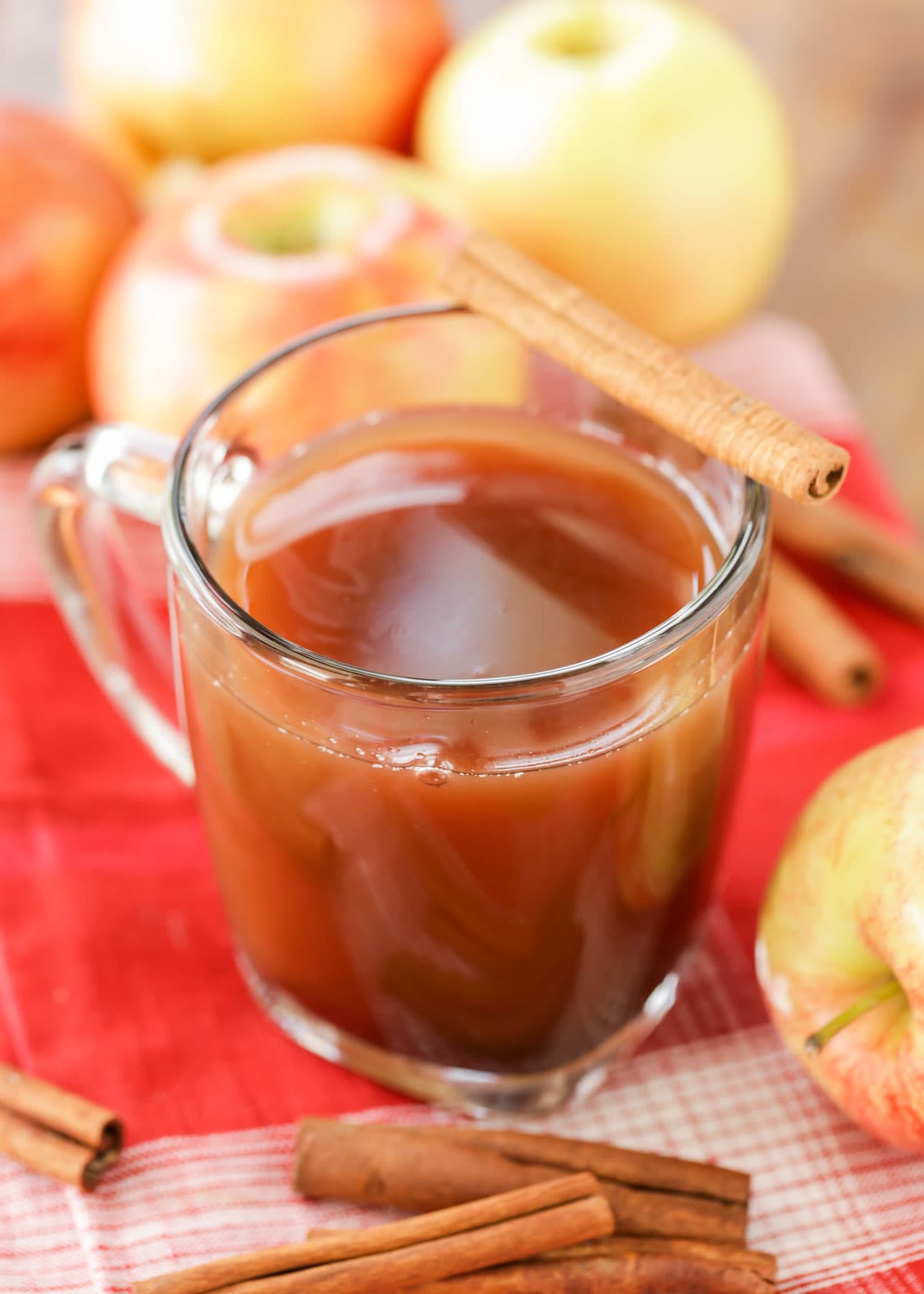 Glass cup of hot apple cider recipe garnished with a cinnamon stick.