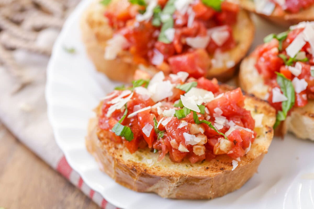 Easy Bruschetta Recipe served on white plate.