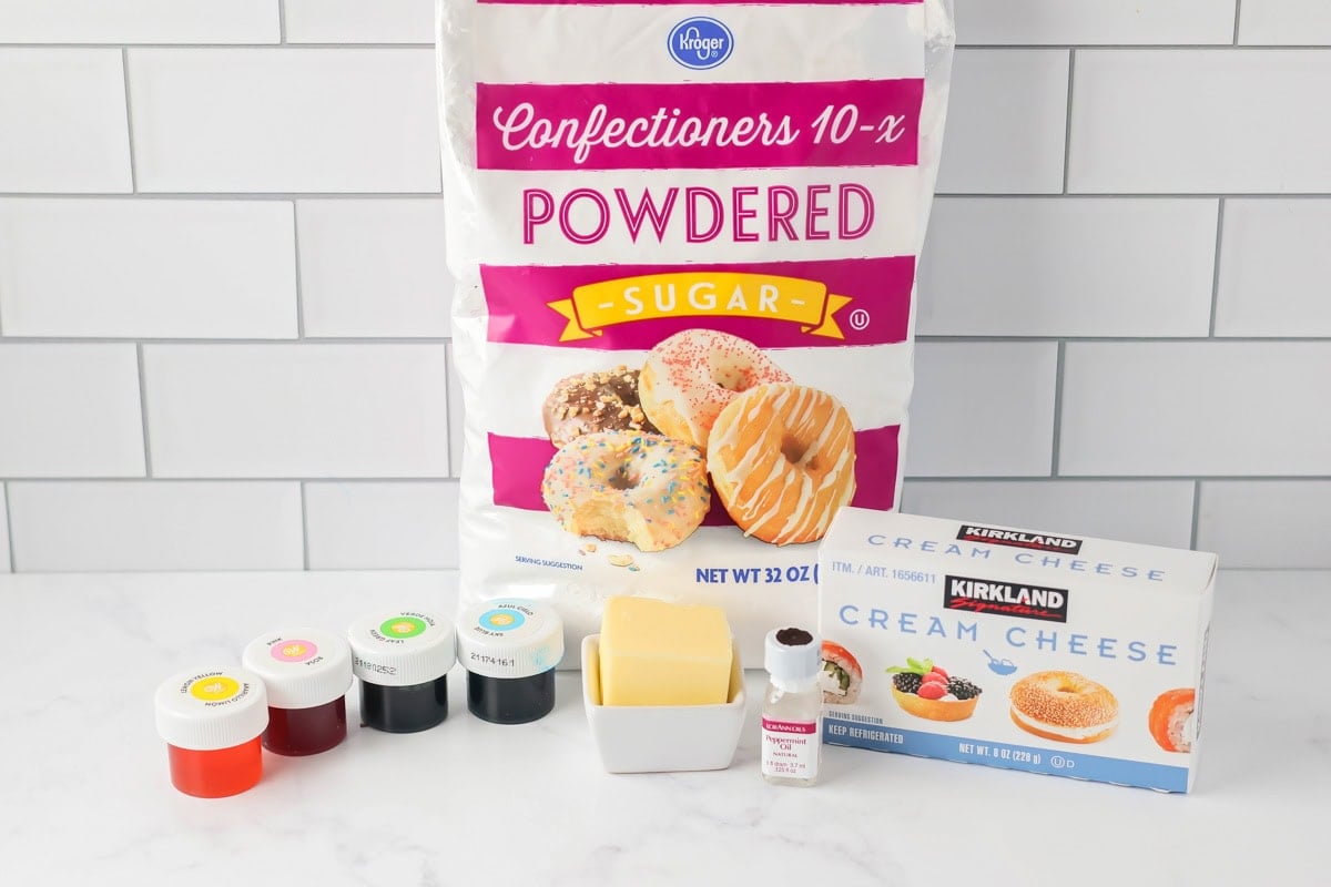 Cream cheese mints ingredients on counter.