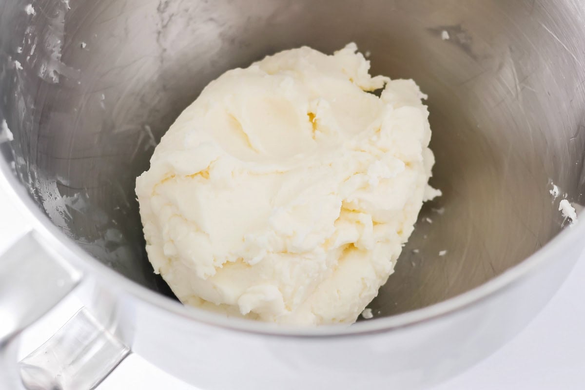 Cream cheese mints dough in mixing bowl.