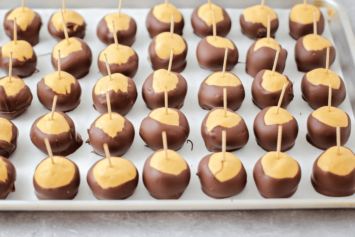 Peanut butter balls stuck with toothpicks and dipped in chocolate.