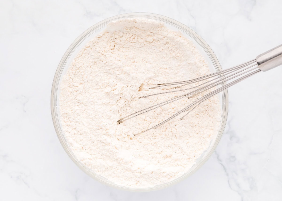 Dry ingredients in a glass bowl.