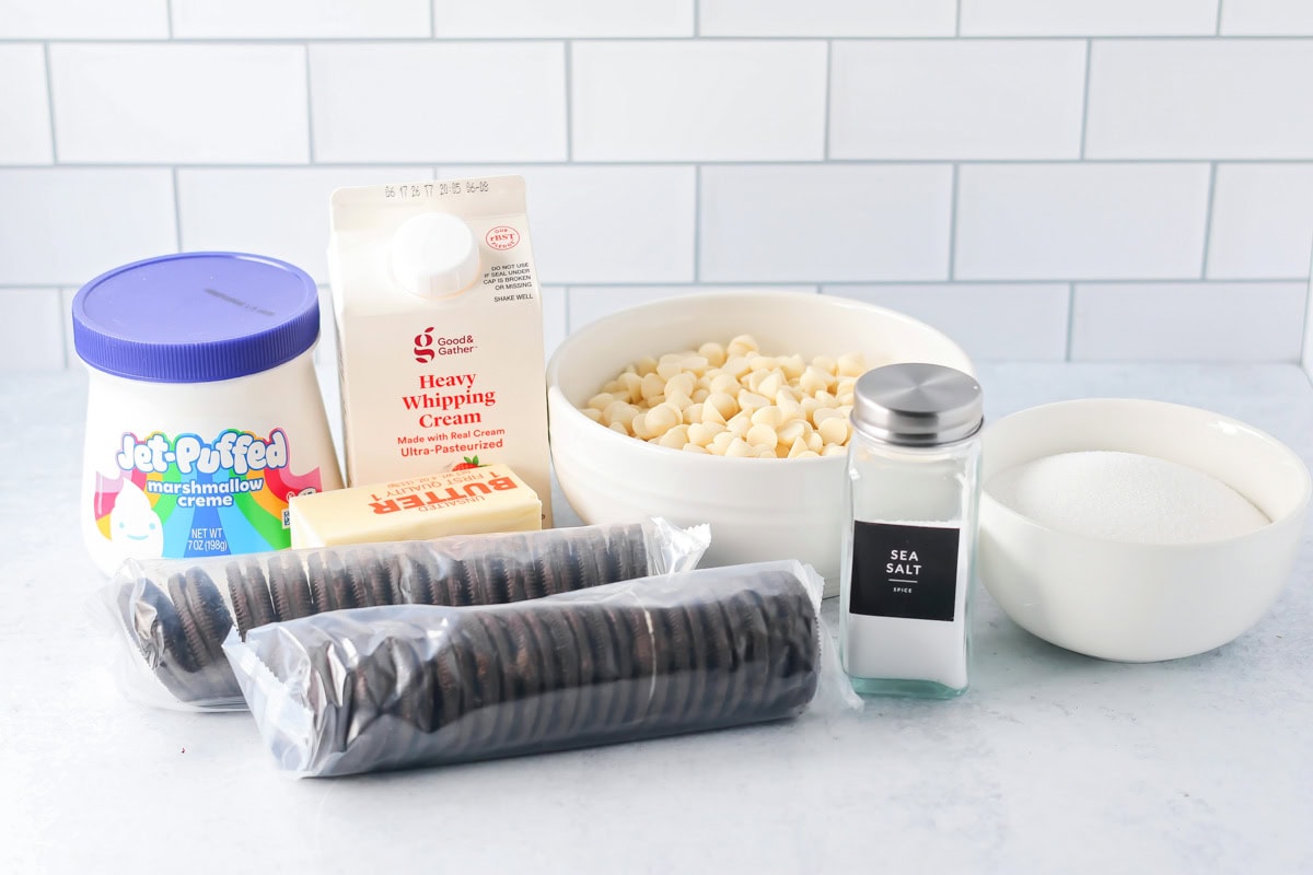 Ingredients for marshmallow fluff on a kitchen counter.