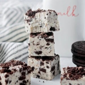 Oreo fudge stacked and served with milk.