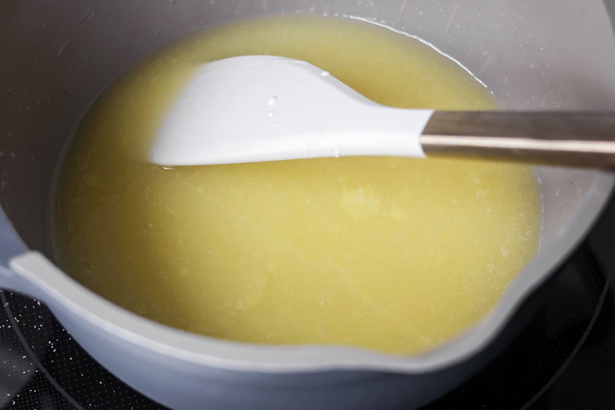 Melted butter in a pan for oreo fudge.