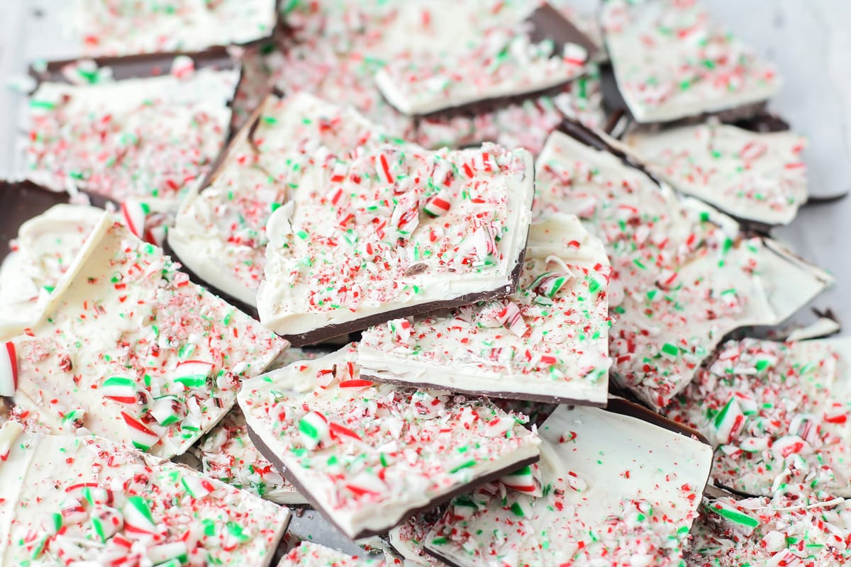 Peppermint bark sprinkled with candy cane pieces broken into pieces.