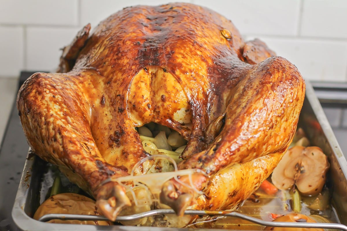 Roast turkey with glaze in roasting pan.
