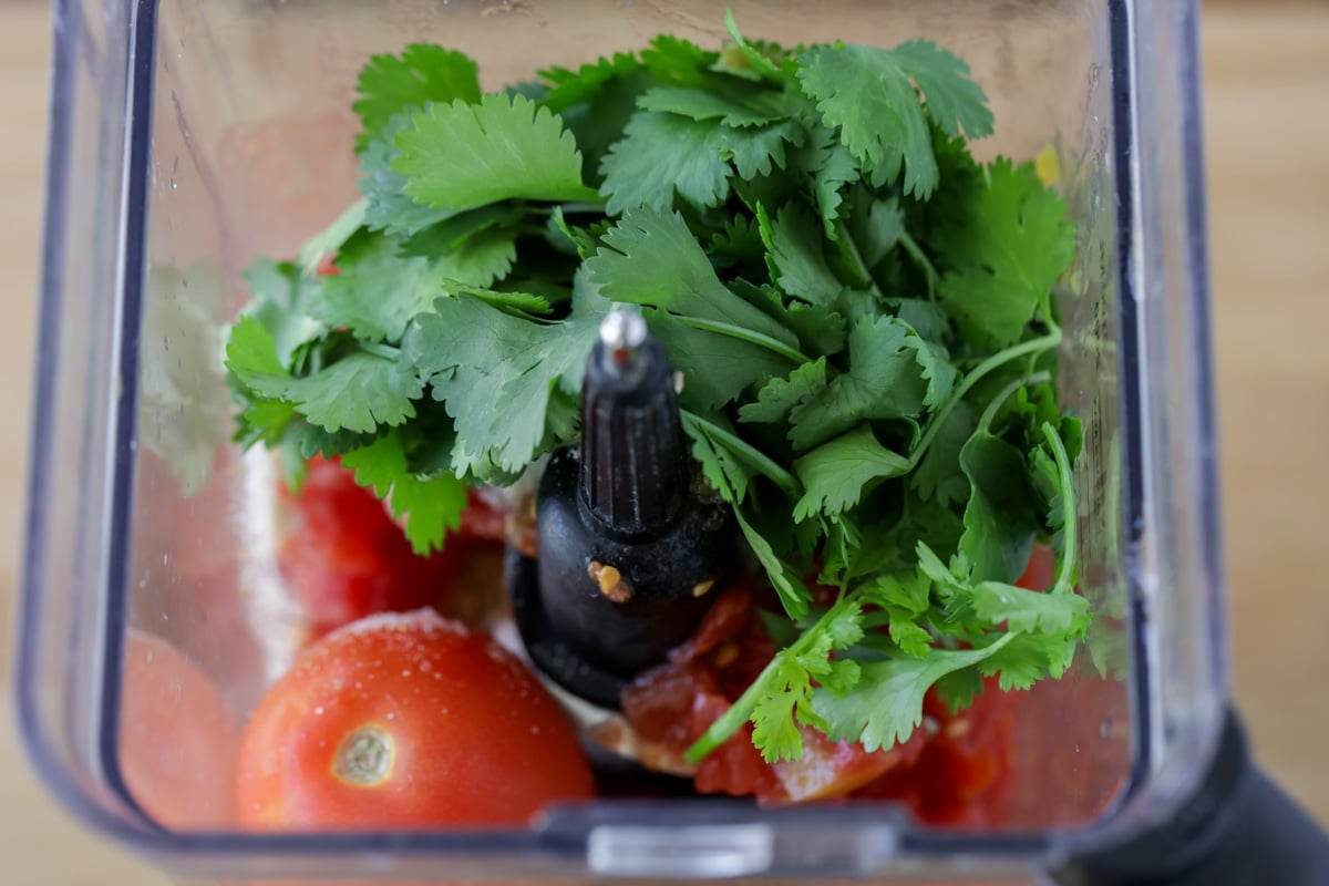 Fresh tomatoes and cilantro in a blender.