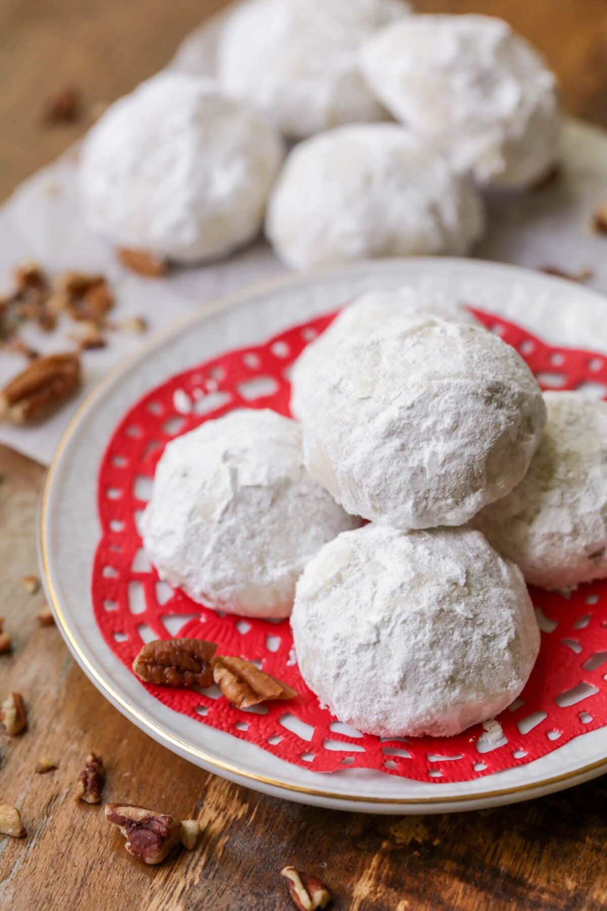 Snowball cookies coated with powdered sugar.
