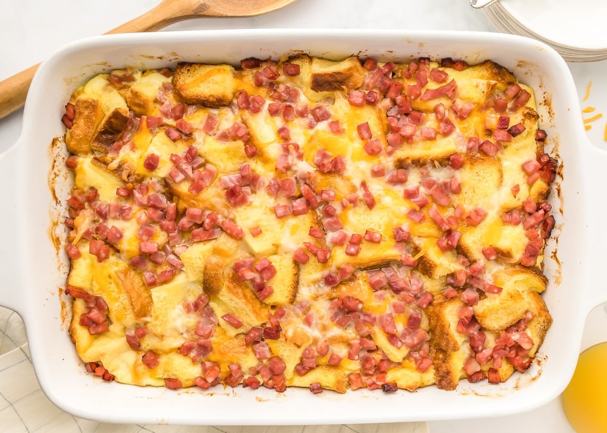 Close up image of Breakfast Strata in a casserole dish.