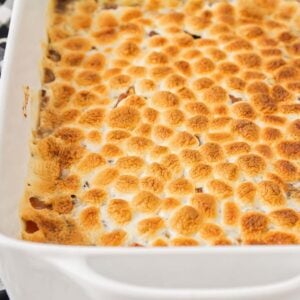 Sweet potato casserole with marshmallows baked and ready to serve.