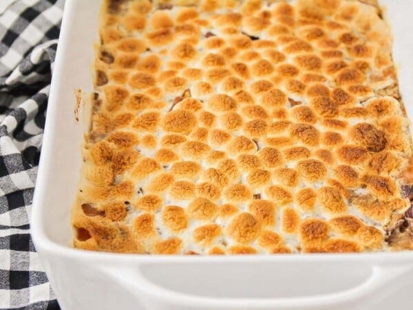Sweet potato casserole with marshmallows baked and ready to serve.