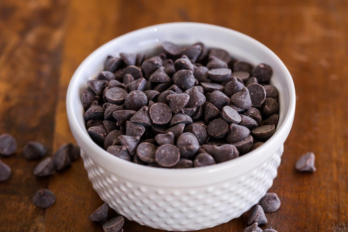 A white bowl filled with chocolate chips.