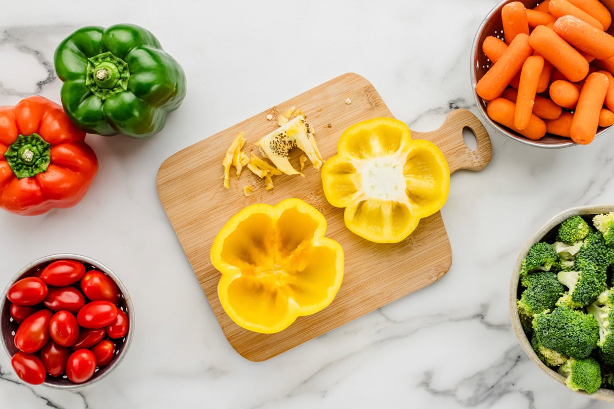 Chopped bell pepper on cutting board.