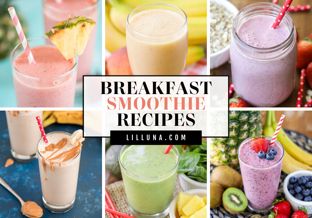 A collage of breakfast smoothie recipes.