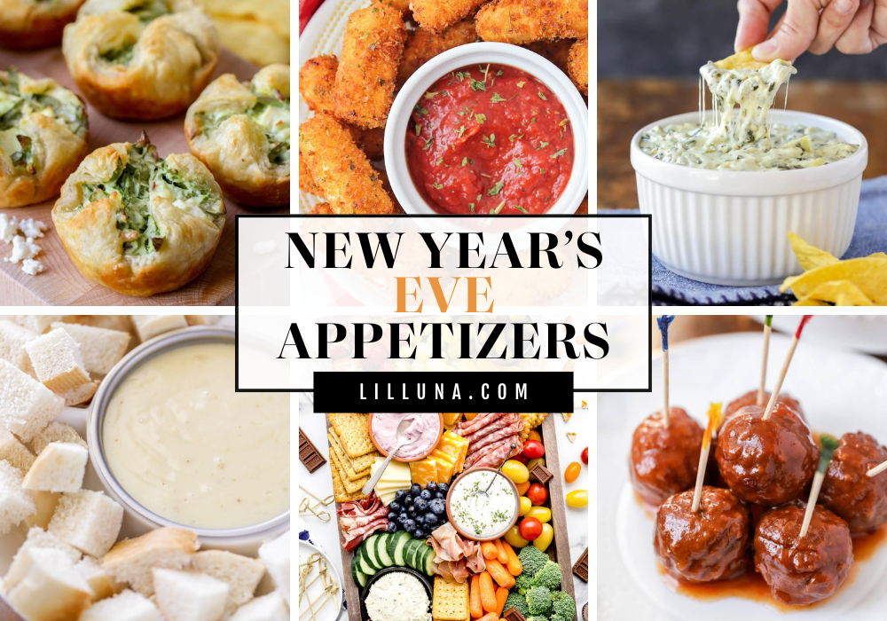 Collage of New Year's Eve appetizer recipes.