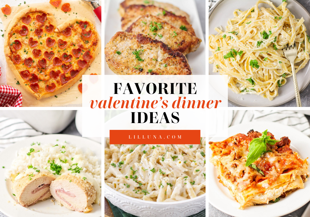 Collage of Valentine's dinner recipes.