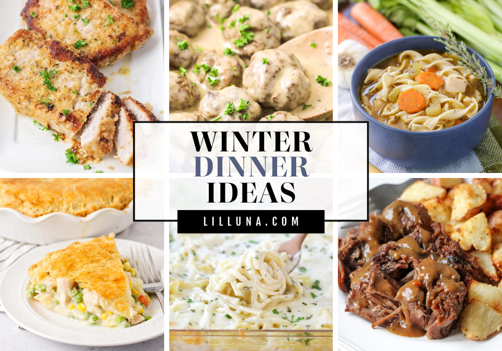 Collage of winter dinner recipes.