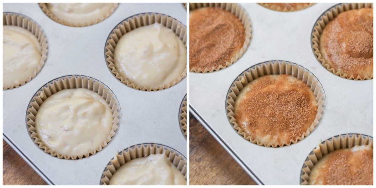 Moist, fluffy, easy banana muffins topped with cinnamon and sugar are everything you love about banana bread in muffin form! Left image shows banana muffin batter in muffin liners. Right image shows cinnamon and sugar mixture over the muffin batter.