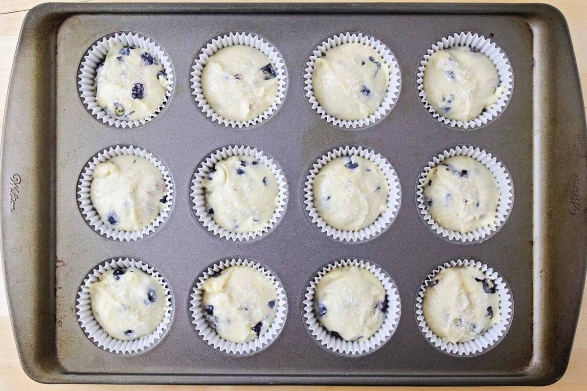 Blueberry Muffin batter filled with blueberries in lined muffin tin.
