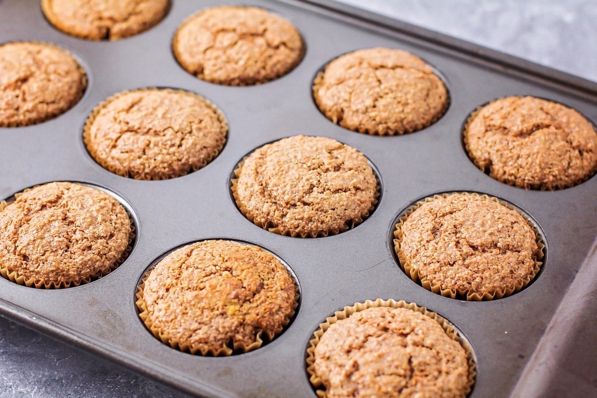 Bran muffins baked in a tin.