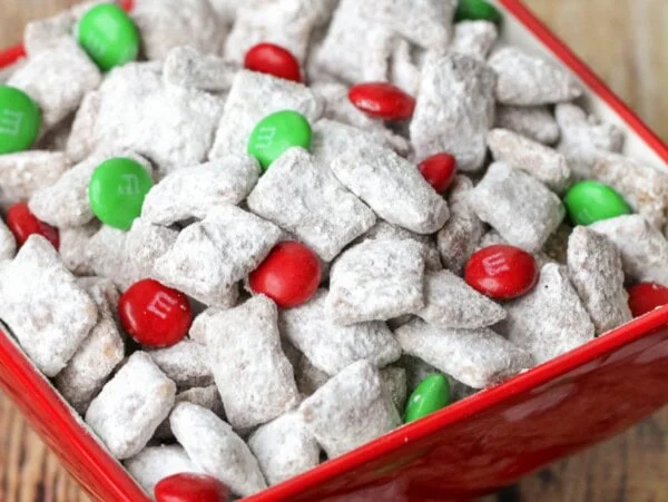 Bowl of Christmas puppy chow.