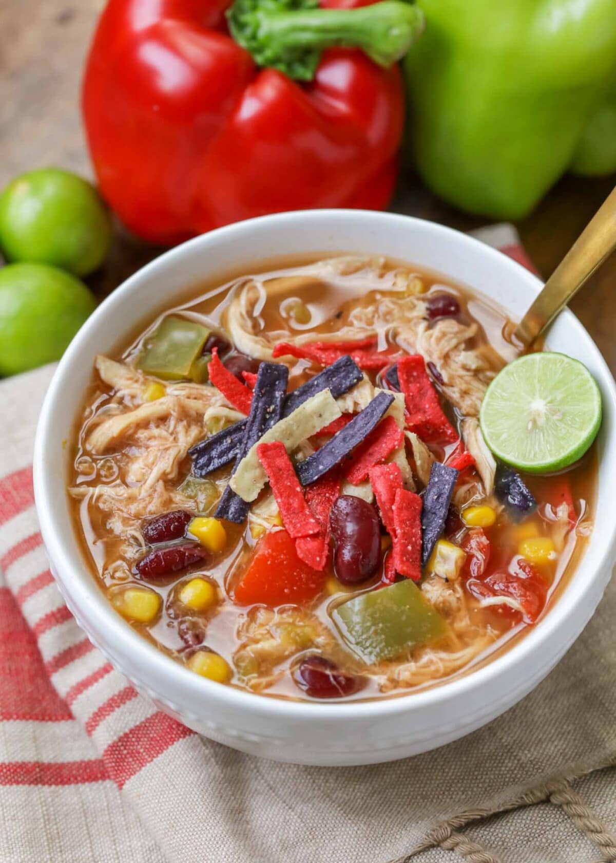 Mexican Soup served up in a white bowl topped with tortilla strips.