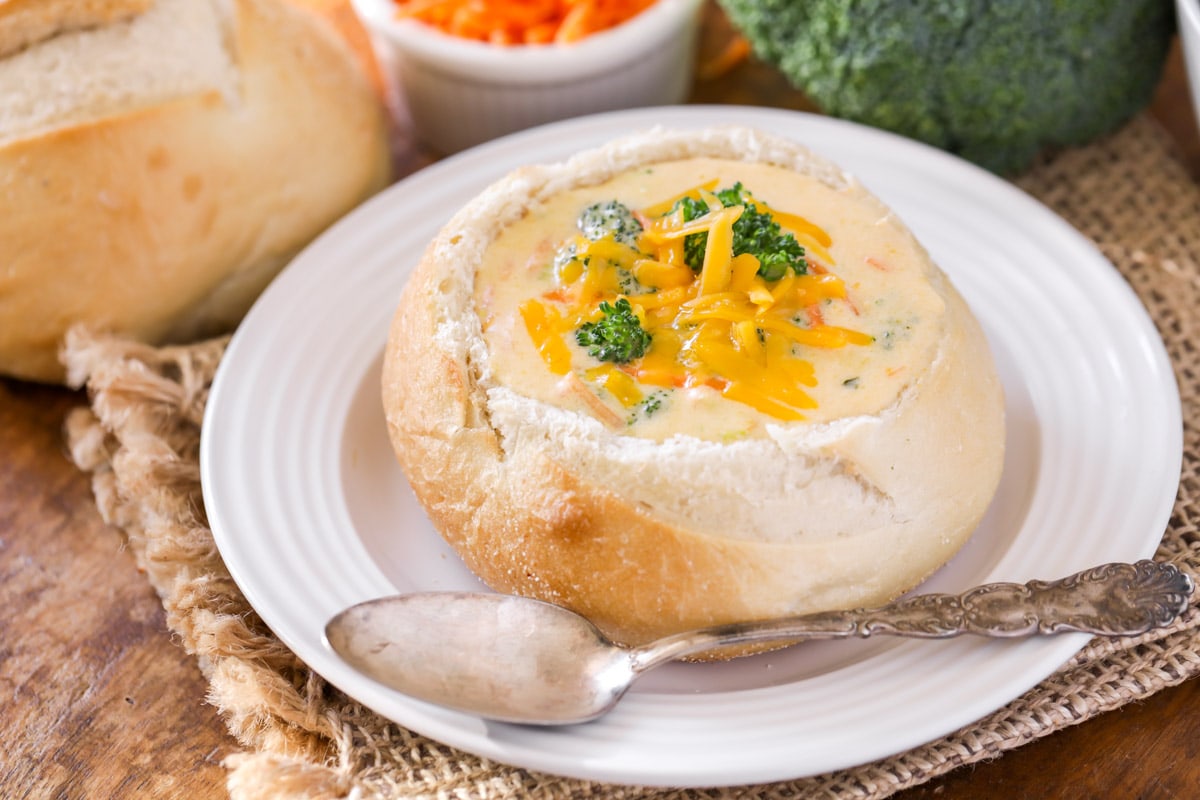 Panera Broccoli Cheddar Soup served in bread bowl.