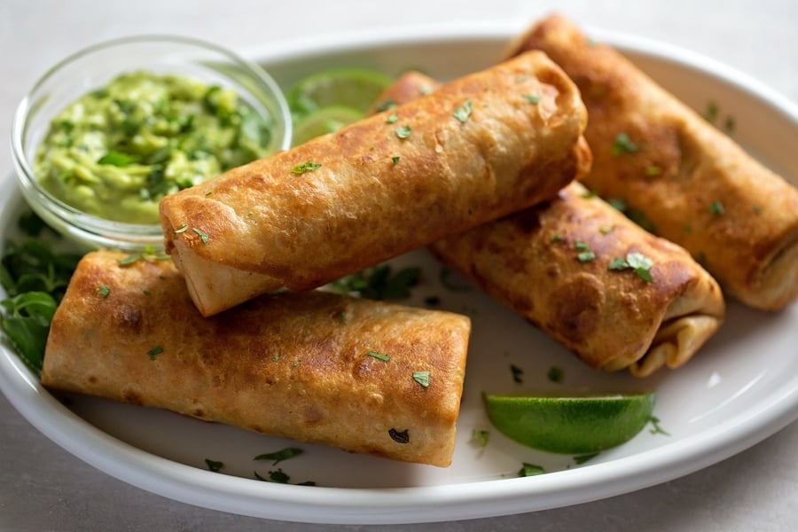 Southwest Mexican Egg Rolls on a serving platter with guacamole.