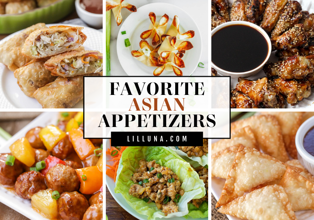 Collage of Asian appetizers.