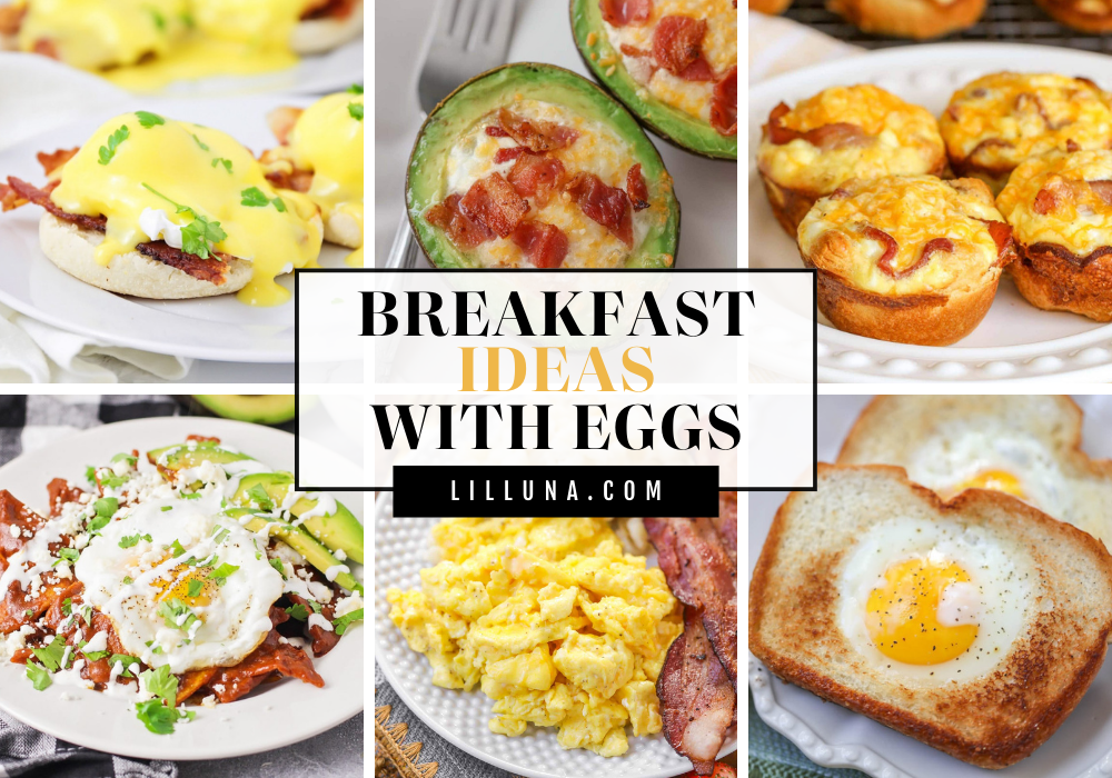 Collage of breakfast recipes with eggs.