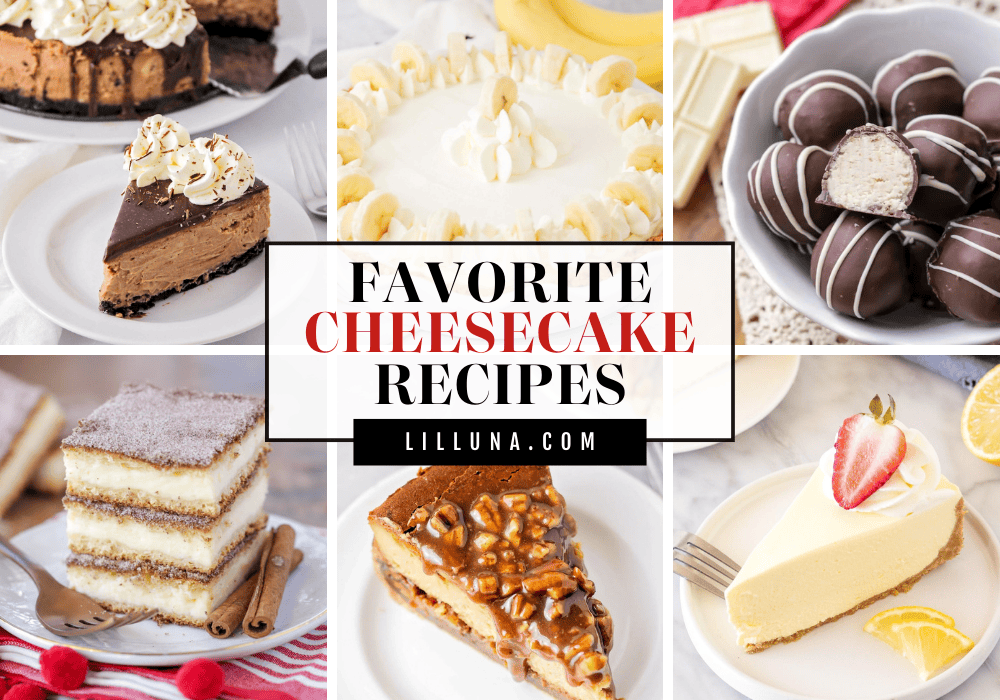 Collage of various cheesecake recipes.