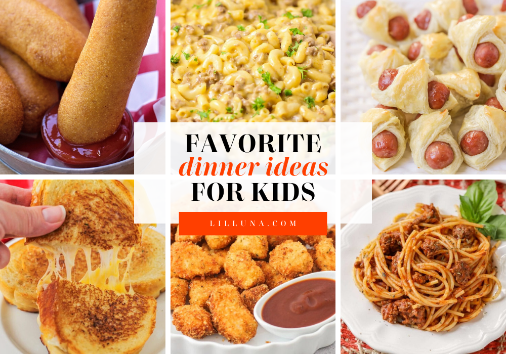 Collage of dinner recipes that are kid-friendly.