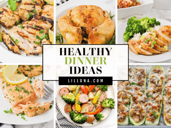 Collage of healthy dinner ideas.