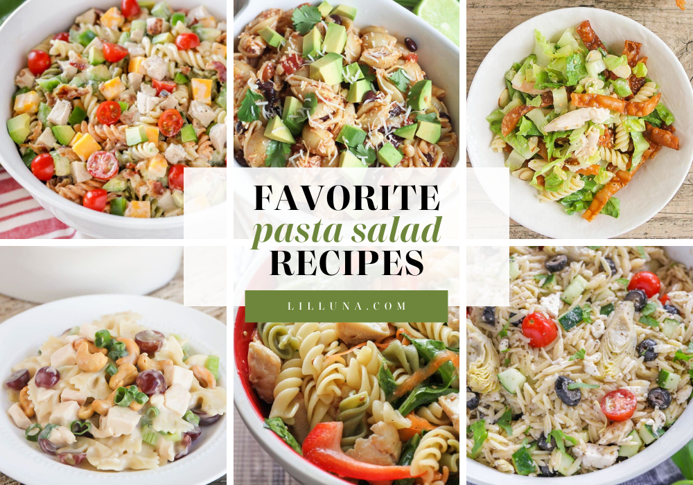 Collage of pasta salad recipes.