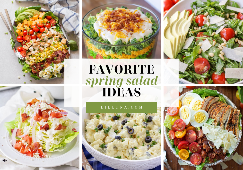 A collage of several spring salads.