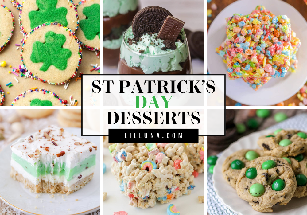 Collage of various St. Patrick's Day desserts.