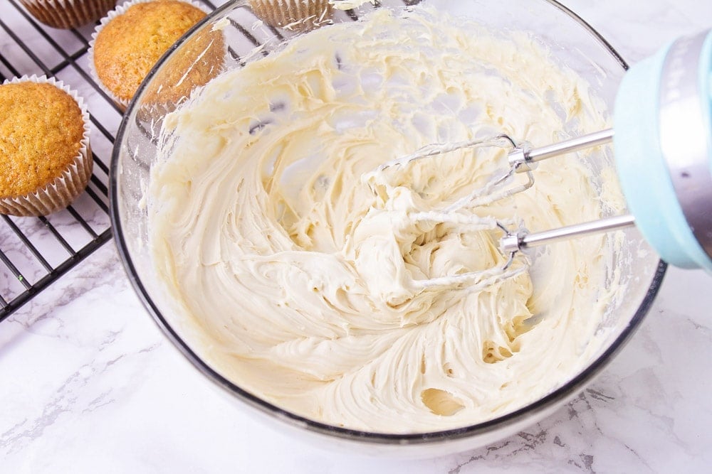 Brown sugar cream cheese frosting for carrot cake cupcakes.