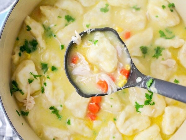 close up of a ladle in chicken dumpling soup.