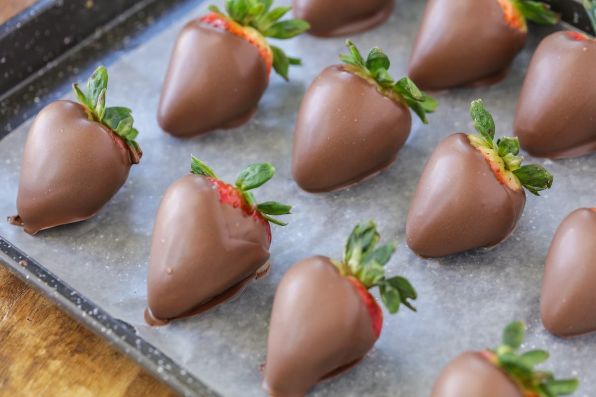 Chocolate covered strawberries dipped and placed on parchment paper.