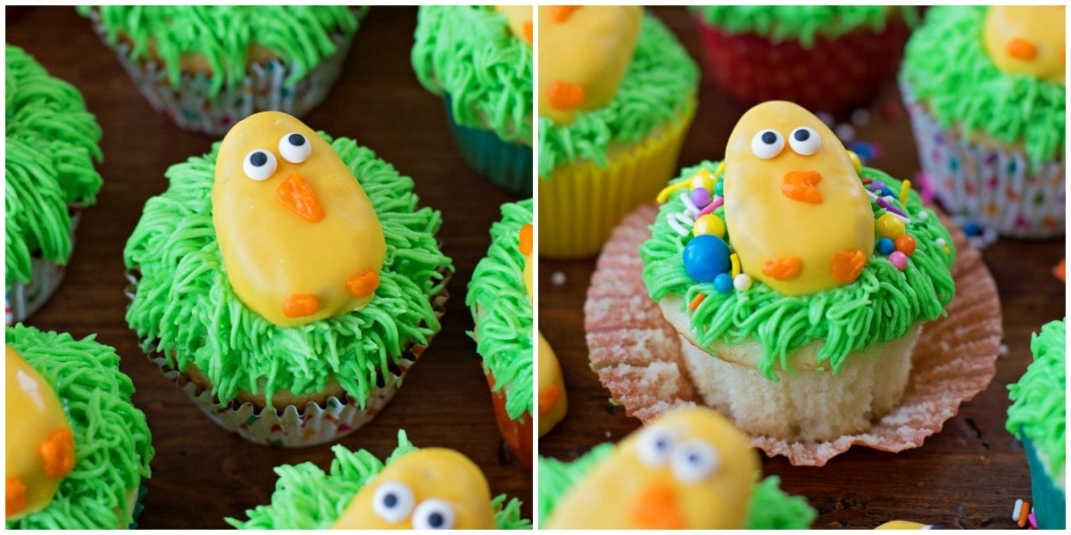 Cupcakes decorated with green frosting and Reese's Easter chicks.