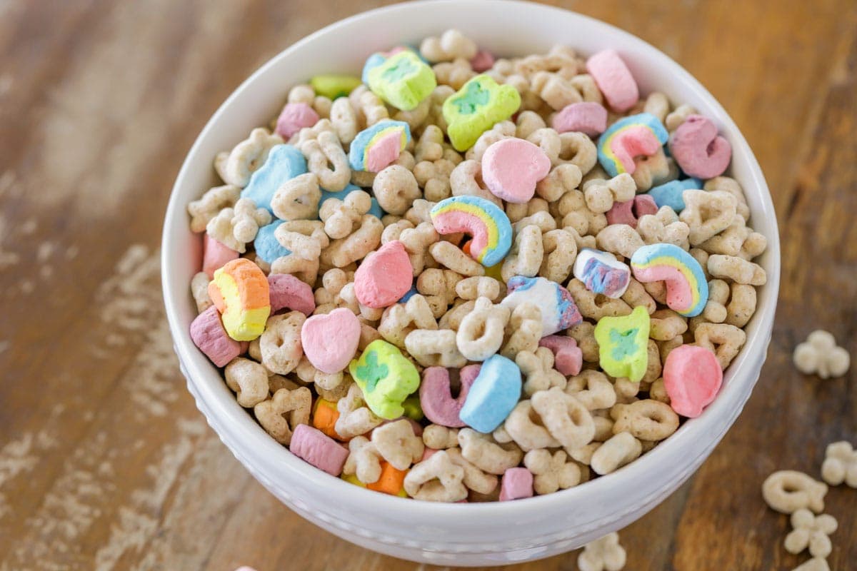 Lucky charms in a white bowl.