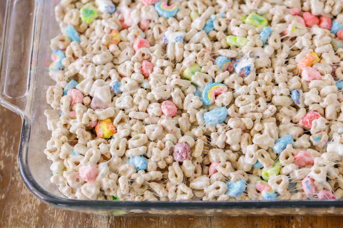 Lucky charms marshmallow mixture spread in 9x13 pan.