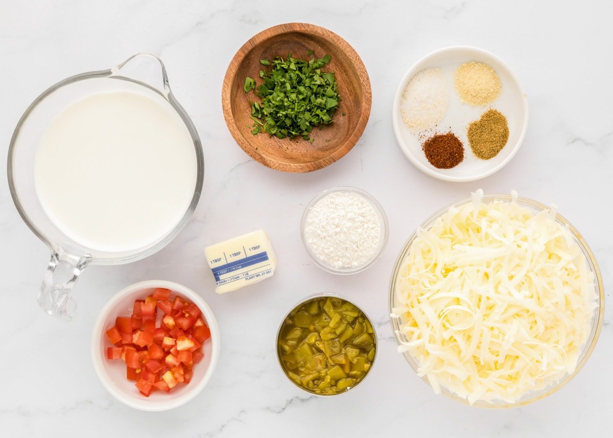 Cheese, milk, spices, tomatoes, and other ingredients measured and ready for use.