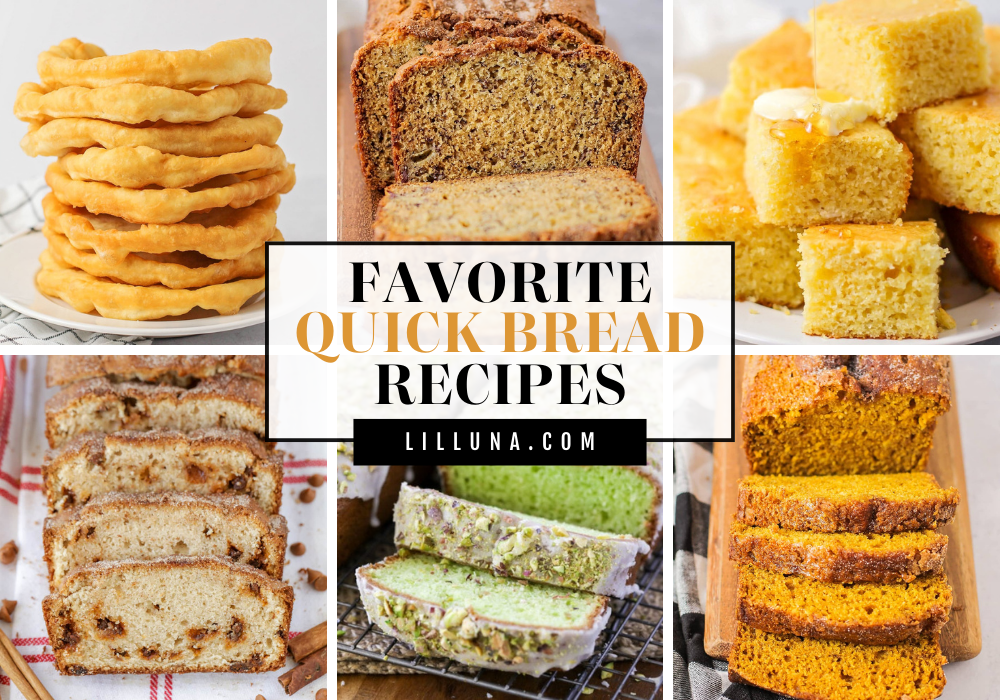 A collage of several quick bread recipes.