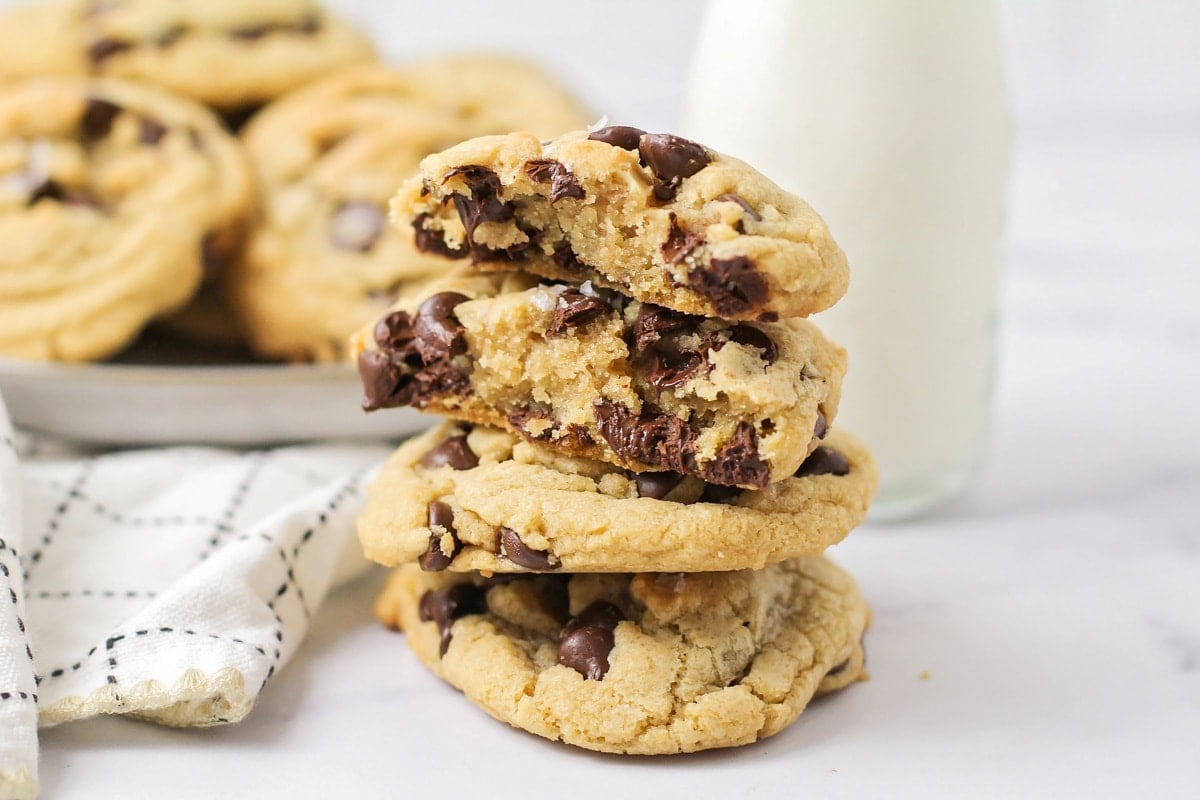 Brown butter chocolate chip cookies stacked on each other.