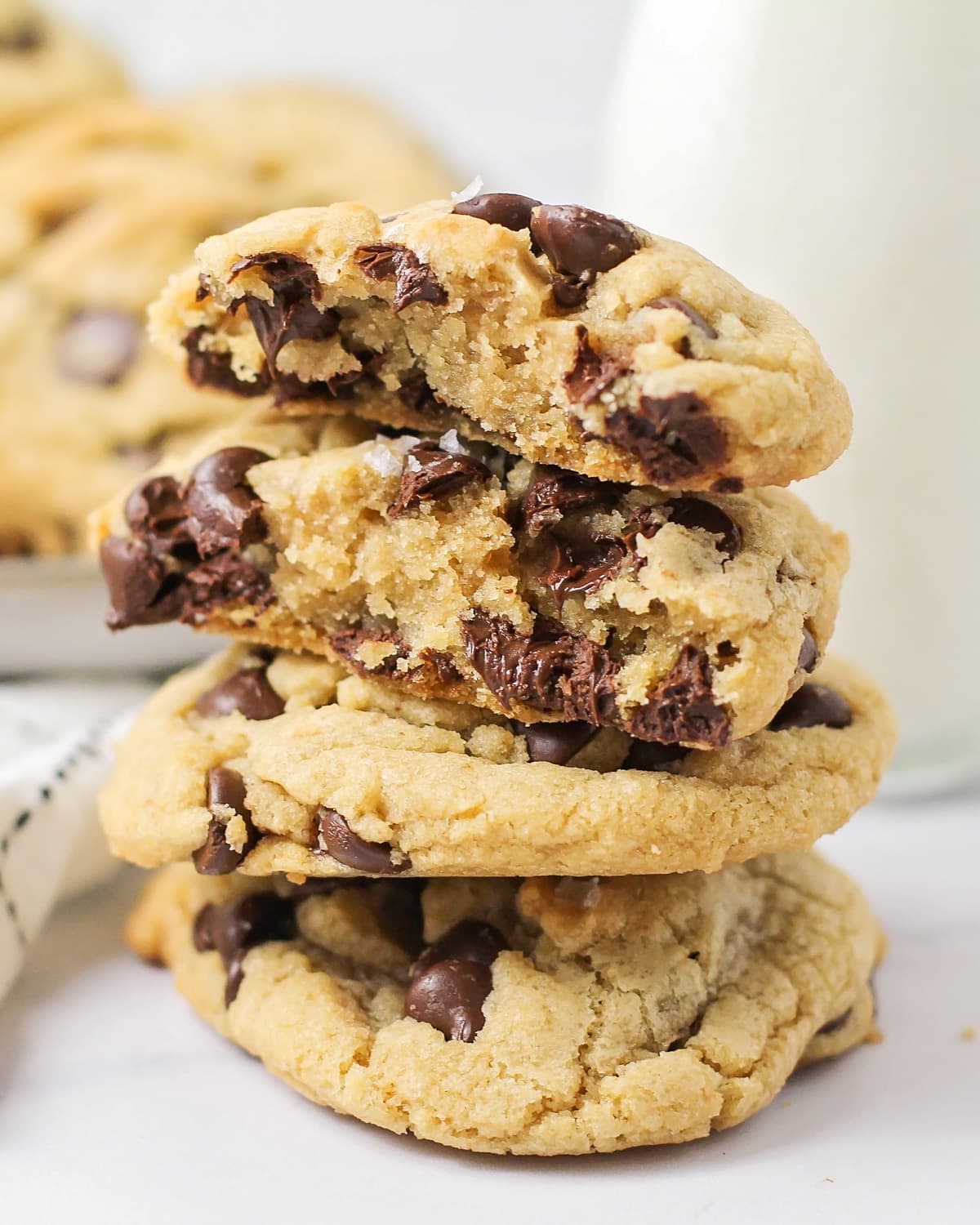 Brown butter chocolate chip cookies stacked on each other.