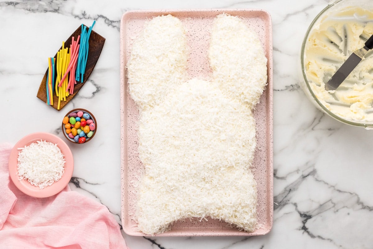 Create an adorably easy Easter Bunny cake with no special equipment, a cake mix, and homemade vanilla frosting! Coating the cake shaped in frosting and coconut.